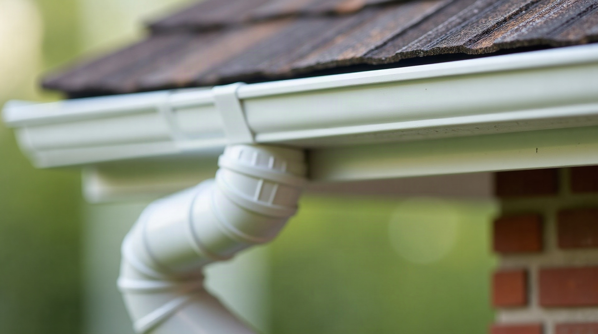 Close-up of new aluminum gutters being secured to a fascia board