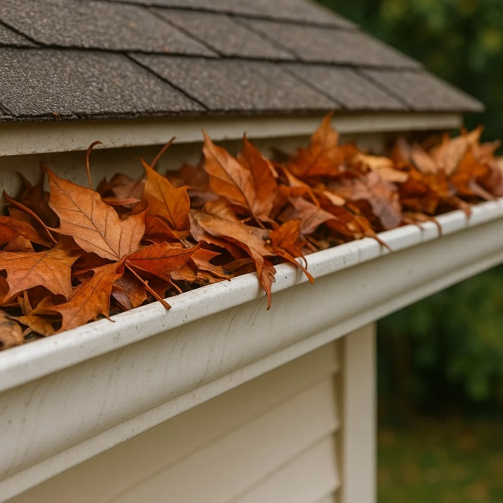 Clogged gutter on a residential home in Bucks County