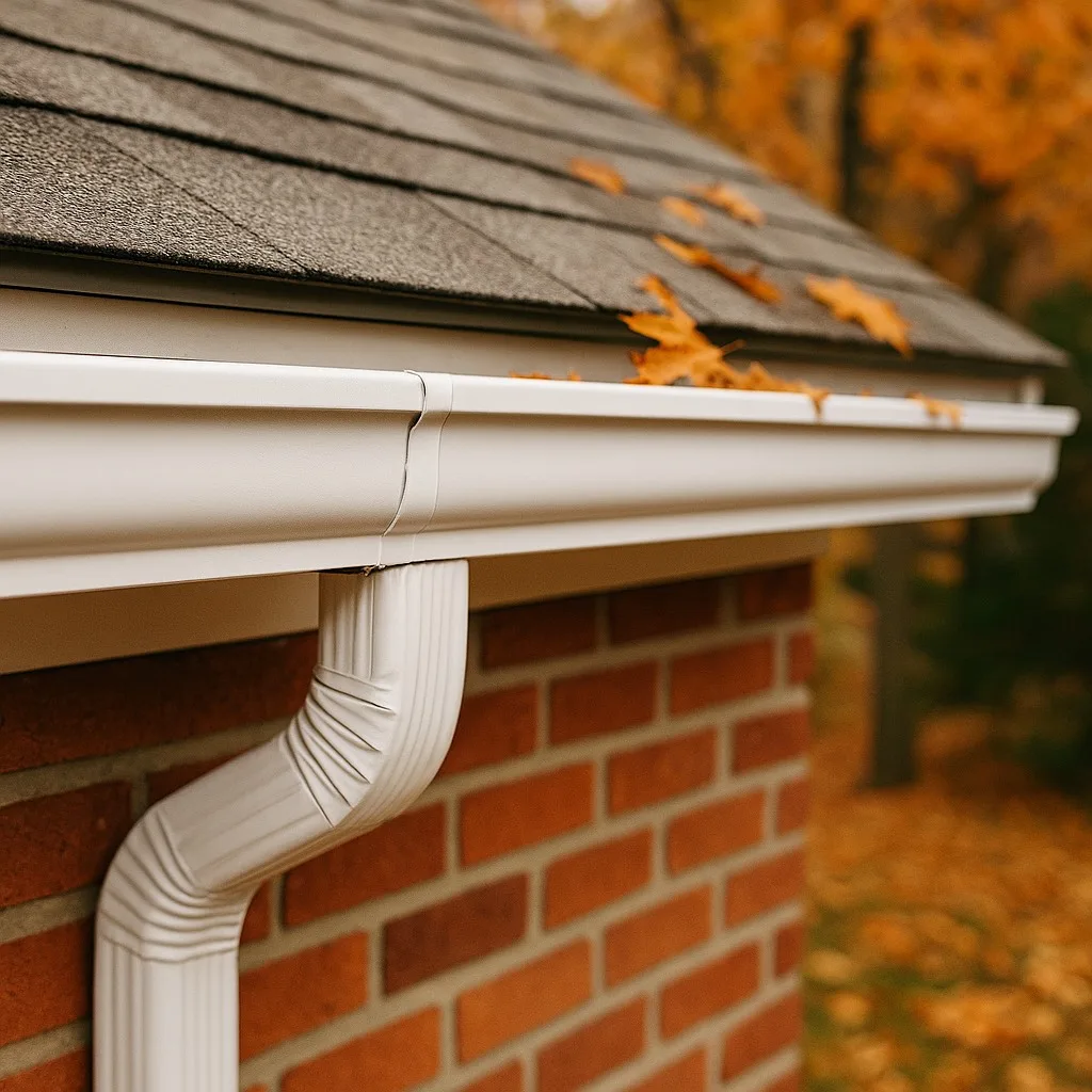Freshly repaired gutters on a Bucks County home surrounded by fall leaves