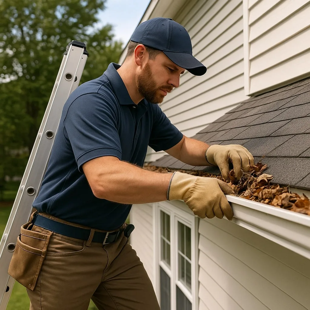 Gutter Solutions technician clearing away leaves during a residential gutter cleaning in Bucks County