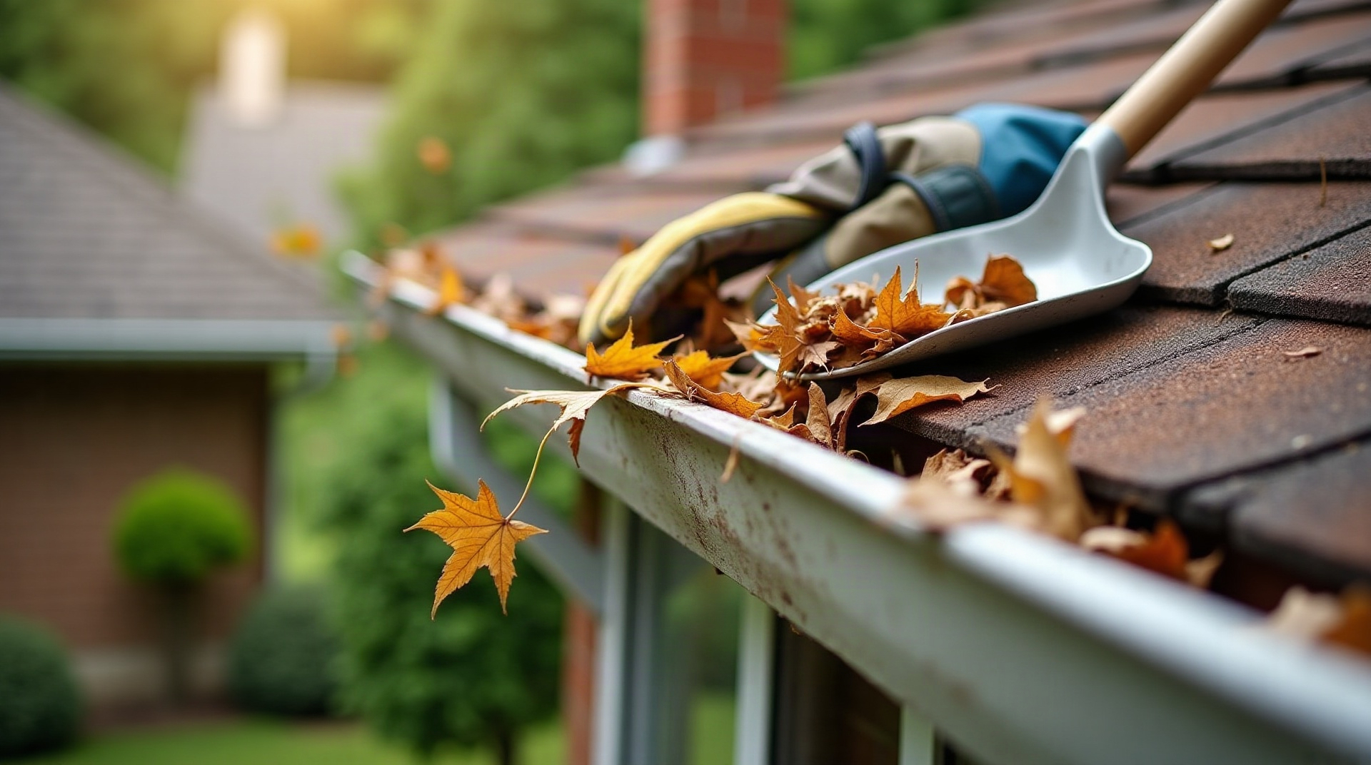 Gutter Solutions technician clearing away leaves during a residential gutter cleaning in Bucks County