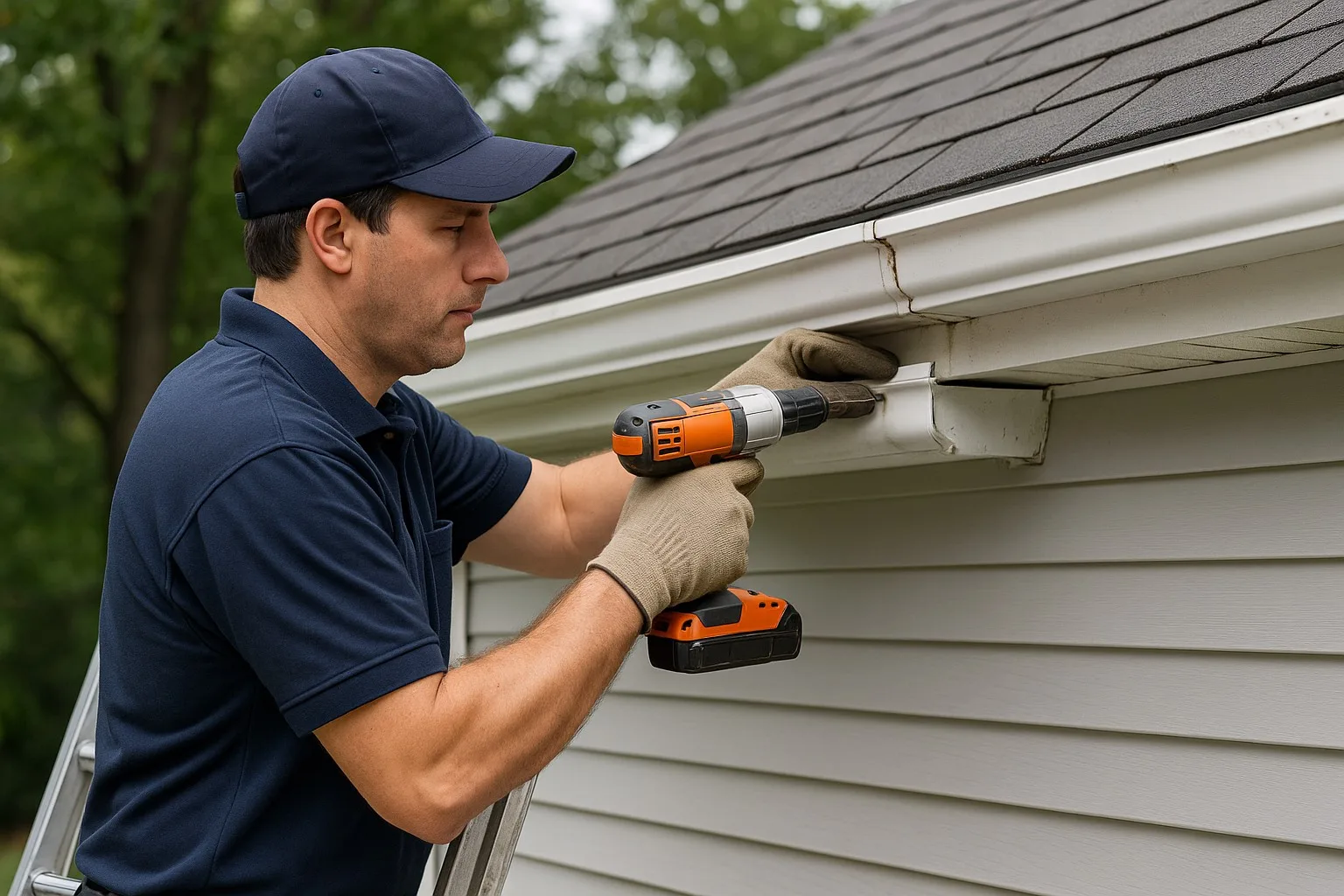 Gutter repair technician realigning a residential gutter in Bucks County, PA