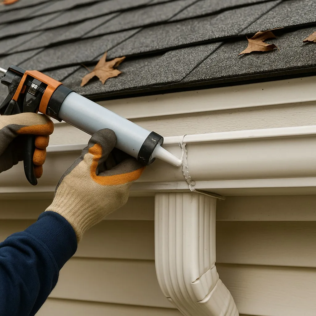 Leaking gutter joint sealed by Gutter Solutions in Bucks County