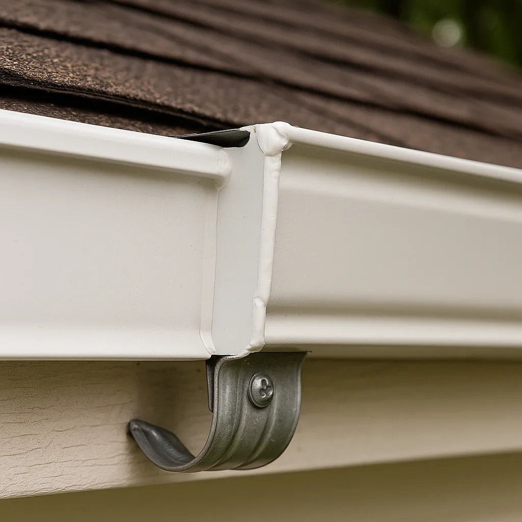 Close-up of a residential gutter seam, freshly resealed and secured with new metal hangers