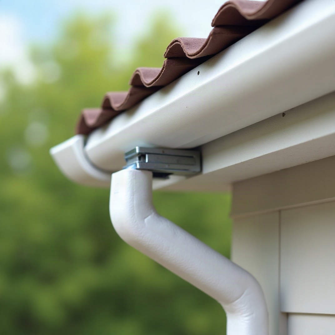 Close-up of a residential gutter seam, freshly resealed and secured with new metal hangers