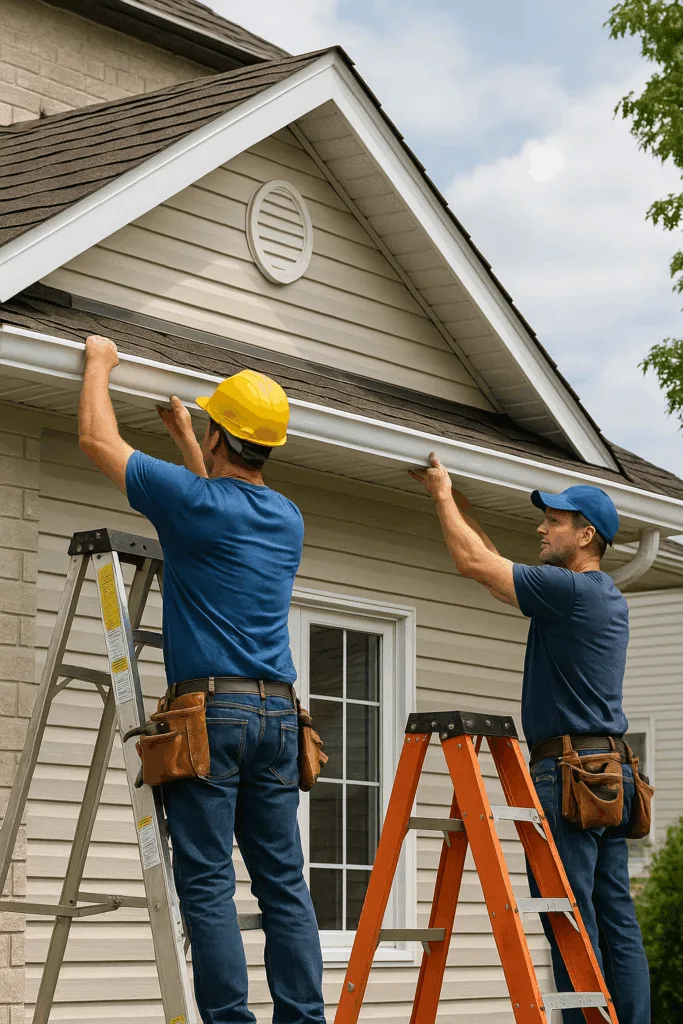 Newly serviced Bucks County home gutter with secure brackets and a clear drainage path.