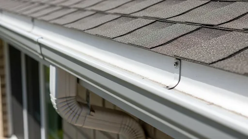 Newly serviced Bucks County home gutter with secure brackets and a clear drainage path.